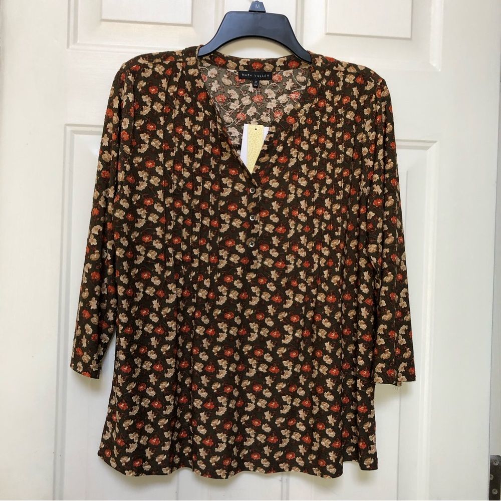 NAPA VALLEY WOMENS TOPS PLUS SIZE 2X PULLON 3 BUTTONS FRONT 3/4 SLEEVES FLORAL